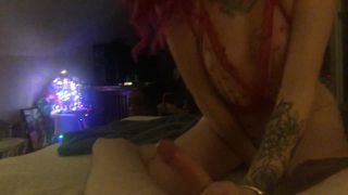 Pink haired trans girl deep throats cock 